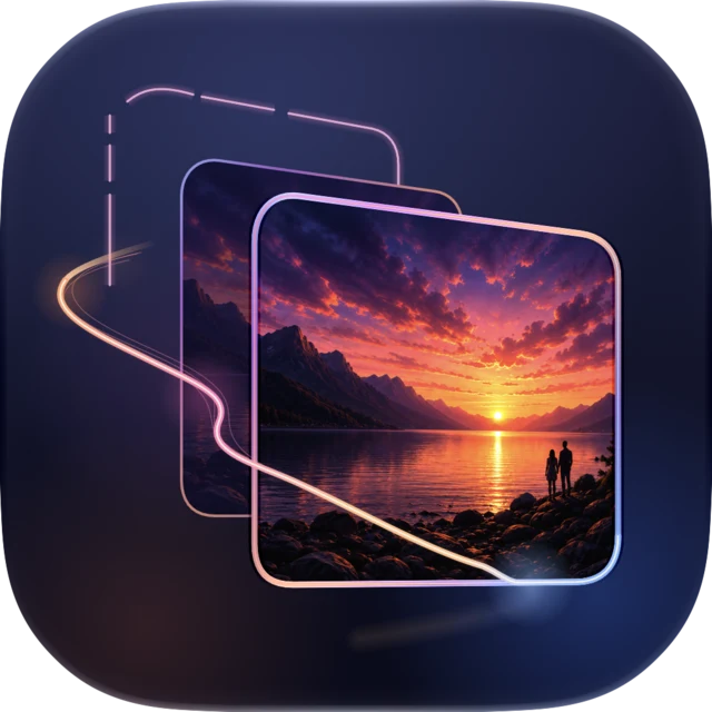 The Life in Pictures app icon: a sunset photo in a glowing frame, with a ribbon of light curving into it