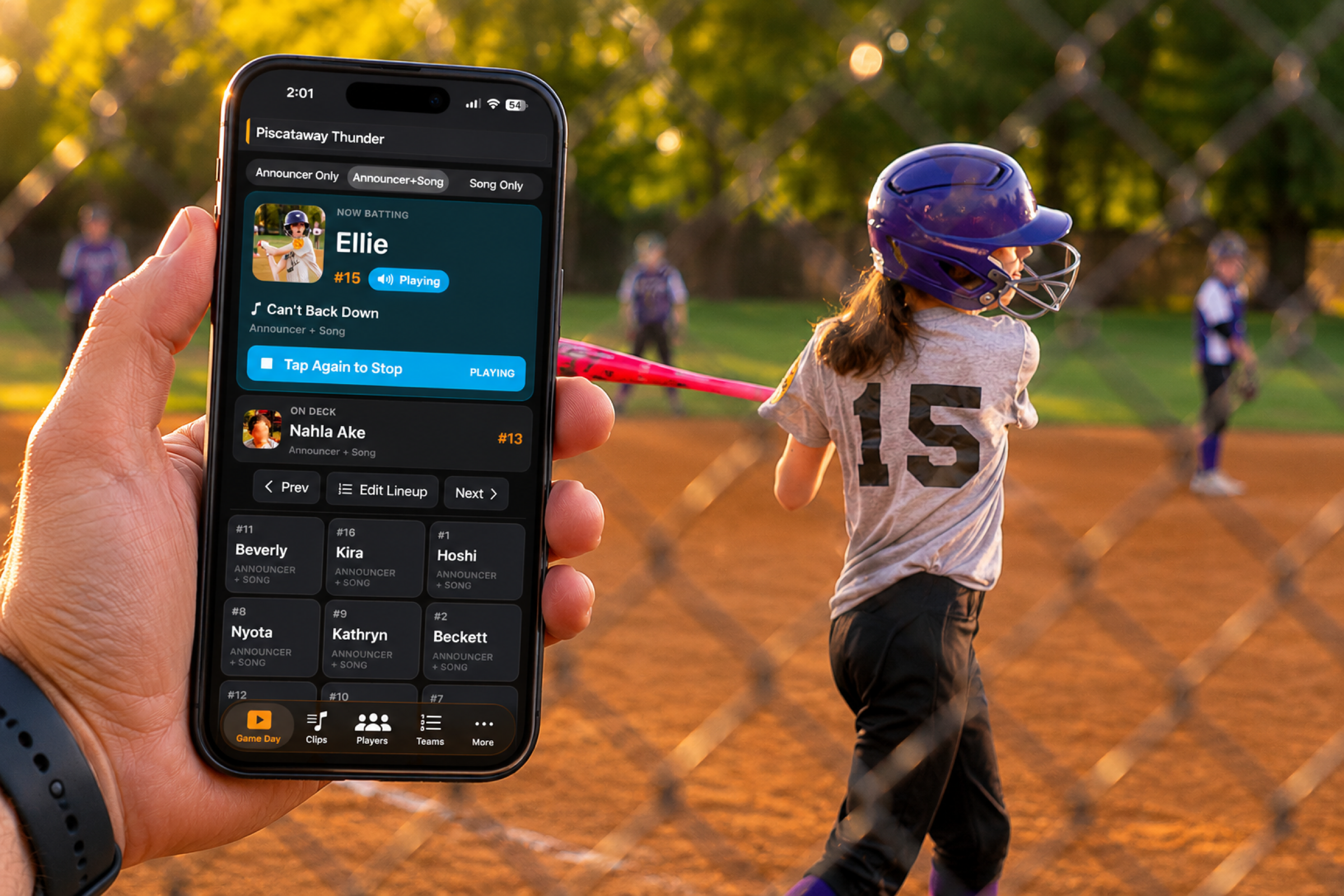 Roll Call app being used at a girl's softball game